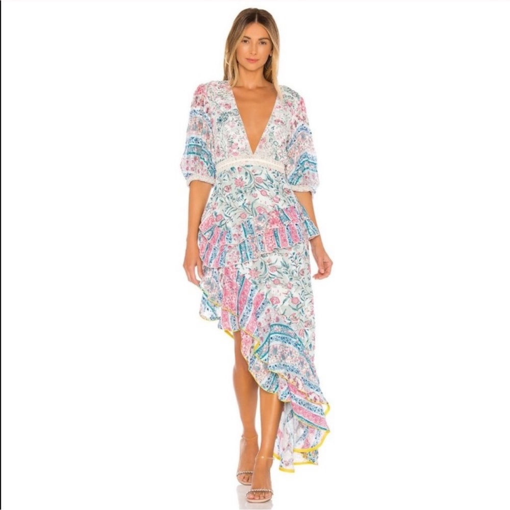 HEMANT & NANDITA Blue and Pink Asymmetrical Sundress with Puff Sleeves